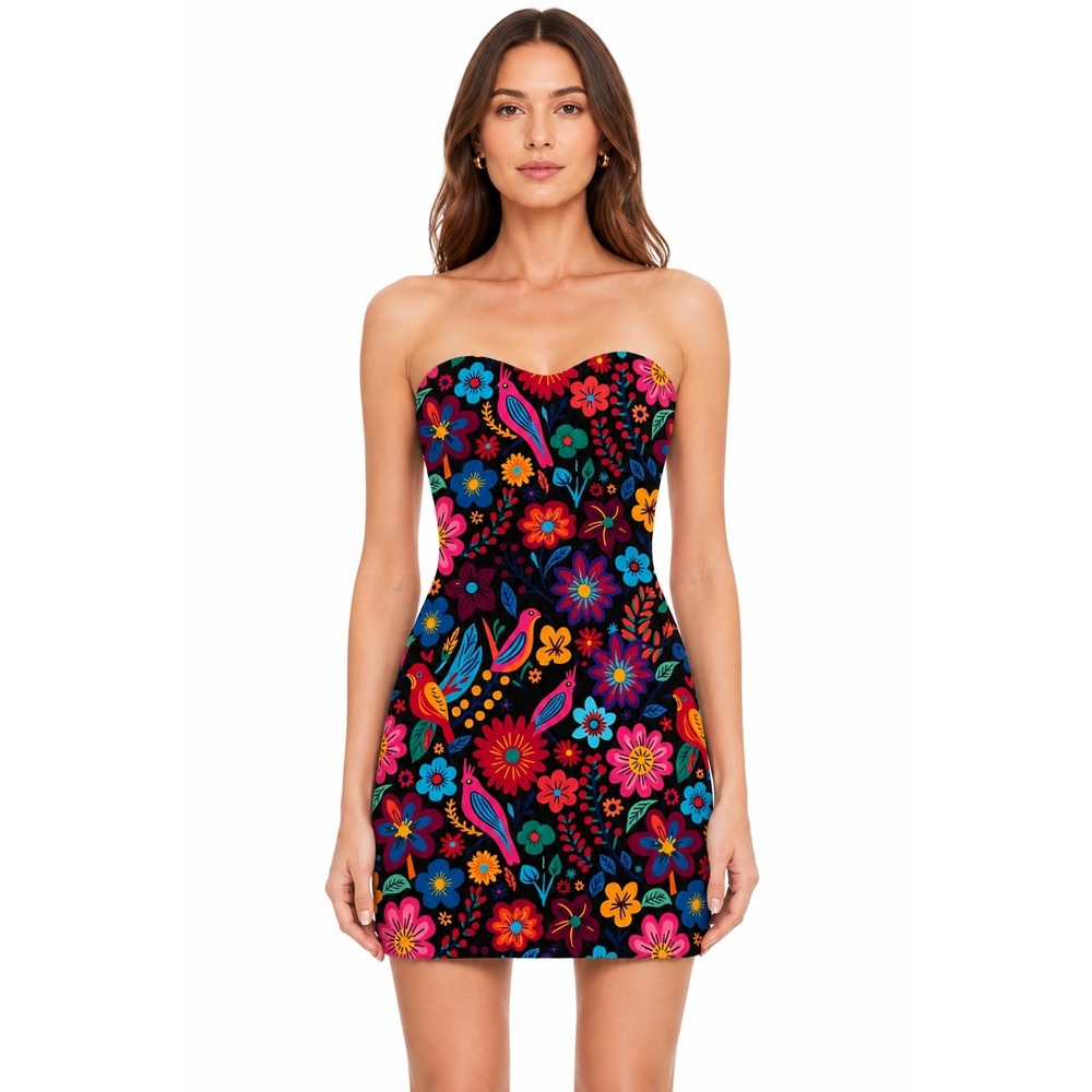 Floral Bird Print Strapless Mini Dress Black Sweetheart Bodycon‎ Size L NWT